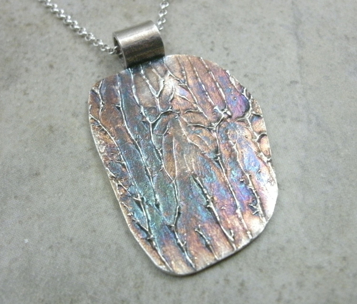 Organic Tree Pendant in Fine Silver- OOAK Necklace- Dark Forest- Abstract Trees- Red Orange - Nature - Wood- Eco-Friendly Silver Jewelry