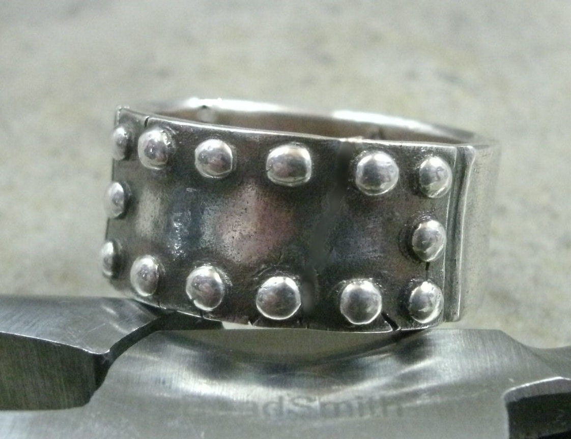 Riveted Metal Plate Ring in Fine Silver - Steel Plate - Rivets - Techie Geek - Industrial Sci Fi - Steampunk - Machine- Eco-Friendly Silver