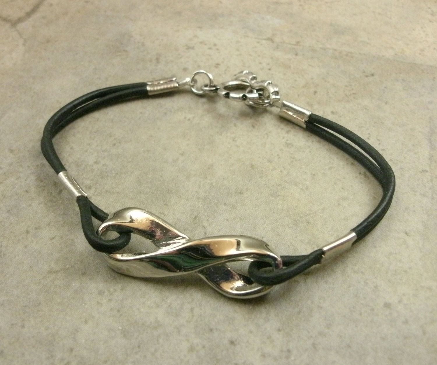 Infinity Charm Bracelet in Silver Tone Metal & Leather - Mobius Strip - Memorial Jewelry - Eternal - Black and White - LAST ONE