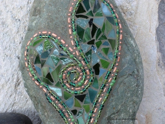 Large Copper and Green Heart - Mosaic on Rock / Garden Stone