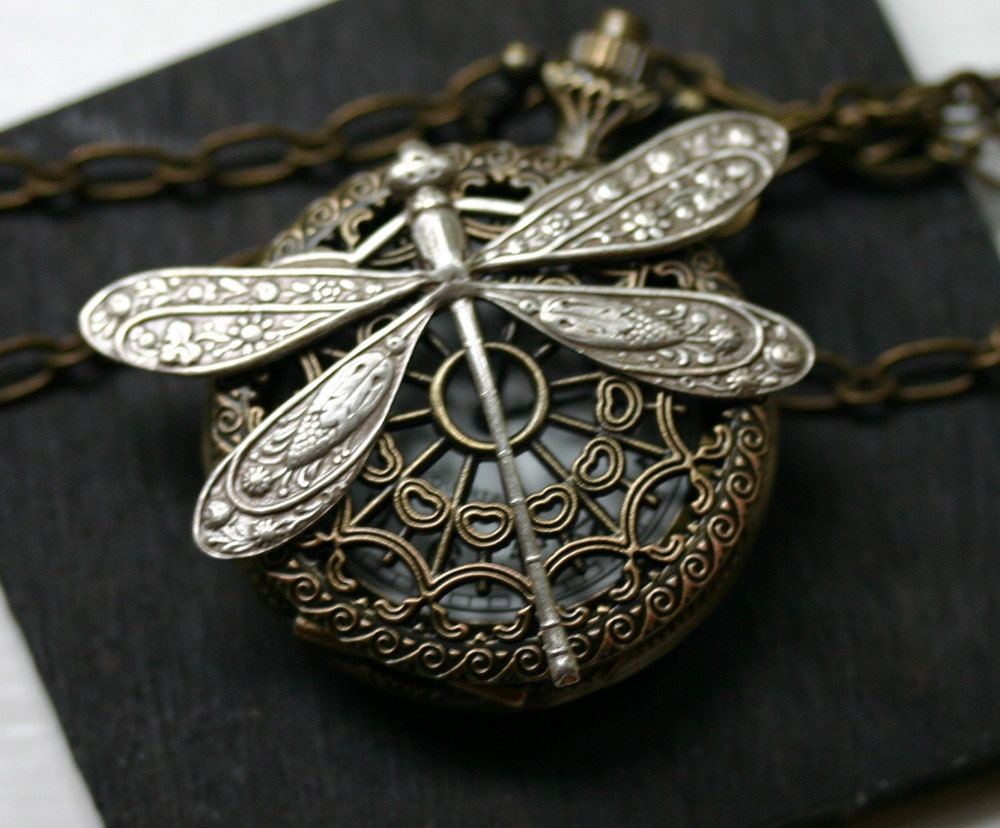 Pocket Watch Necklace with Dragonfly