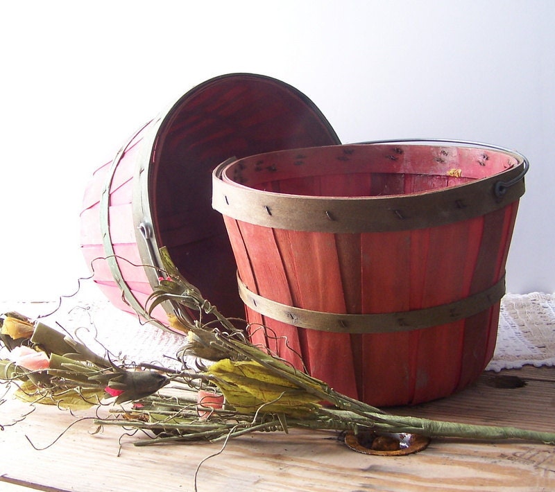Three Vintage Country Baskets Two Red and One Natural