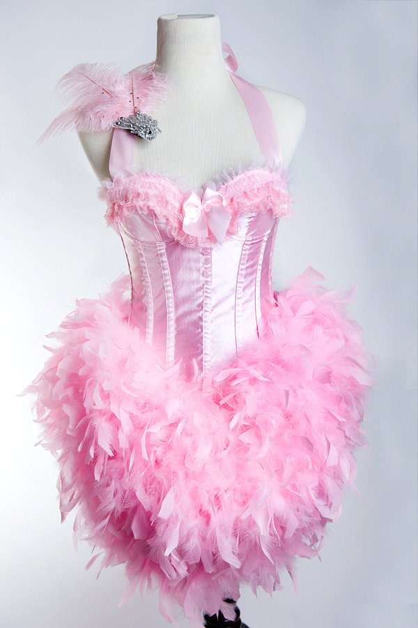 X-LARGE Pink Flamingo : Las Vegas Showgirl Burlesque Bustier Fashion Corset Adult Halloween Costume Pink Lace Side Zip w. Fascinator