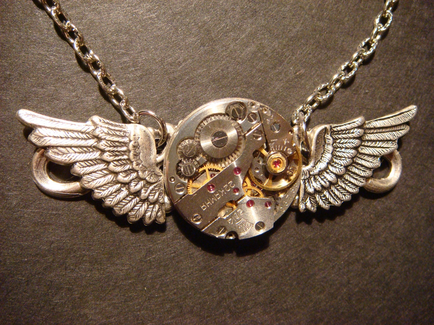 Steampunk Neo Victorian Watch Movement Necklace with Wings