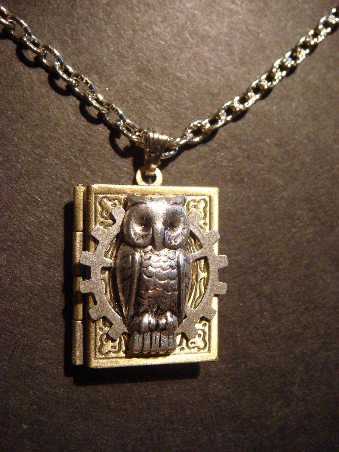 Victorian Style Steampunk Owl with Gear Locket Necklace