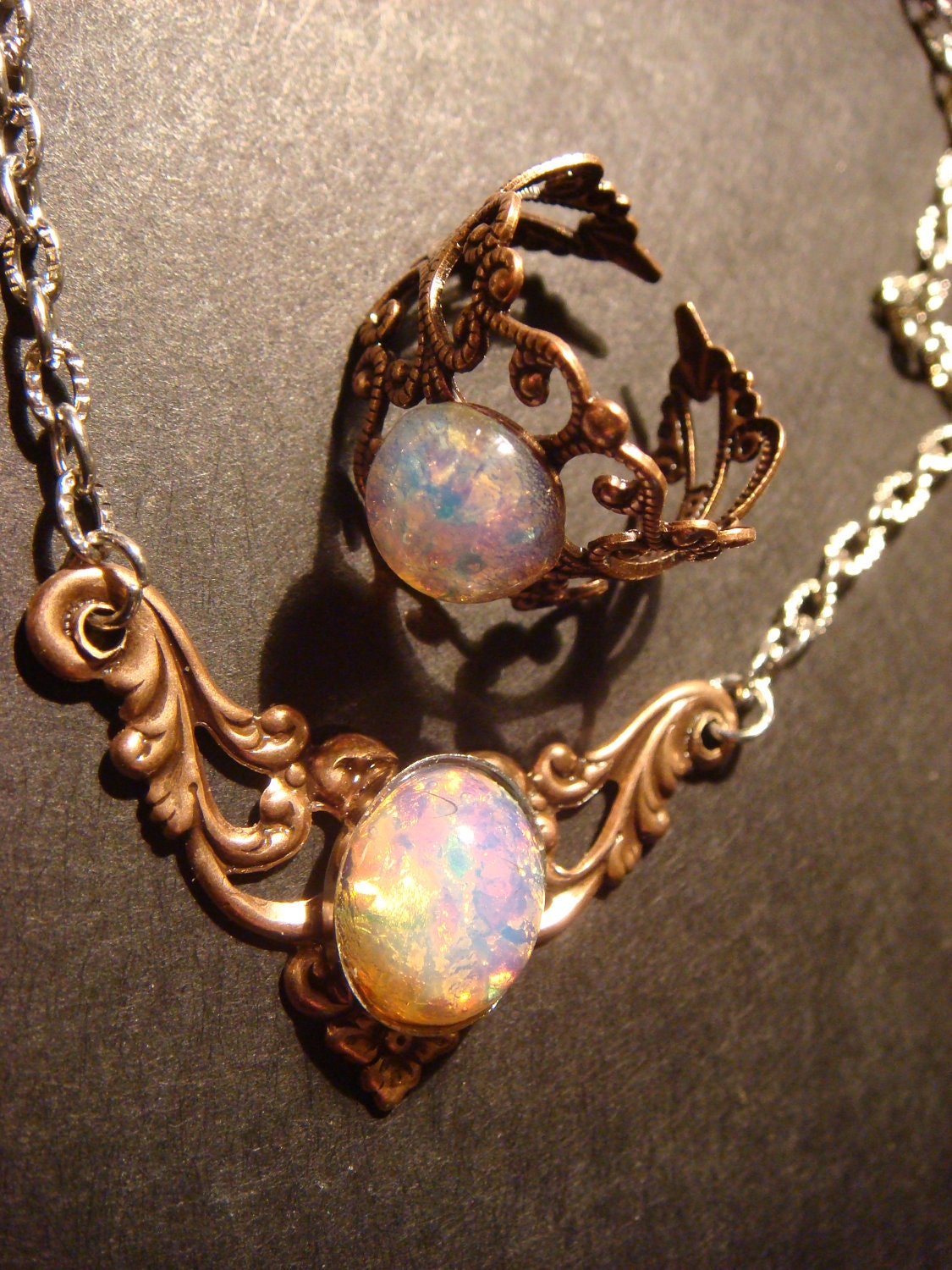 Victorian Style Fire Opal Necklace in Antique Copper with Matching Ring- Art Nouveau (414)