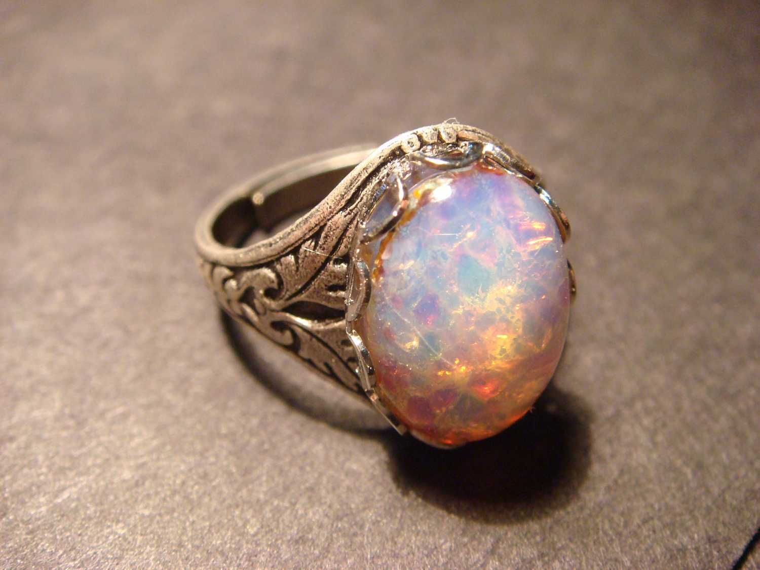 Victorian Style Fire Opal Antique Silver Ring- Adjustable (473)