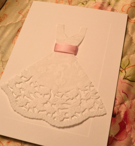 10 Wedding Dress Cards Invitations Bridal Shower Engagement Party Invites Thank You Notes Light Pink Ribbon Blank 3 1/2 x 4 7/8