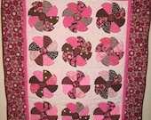 Baby Quilt, Lap Quilt or Wall Hanging Modern Pieced and Machine Applique Brown & Pink Floral Dots and Hearts