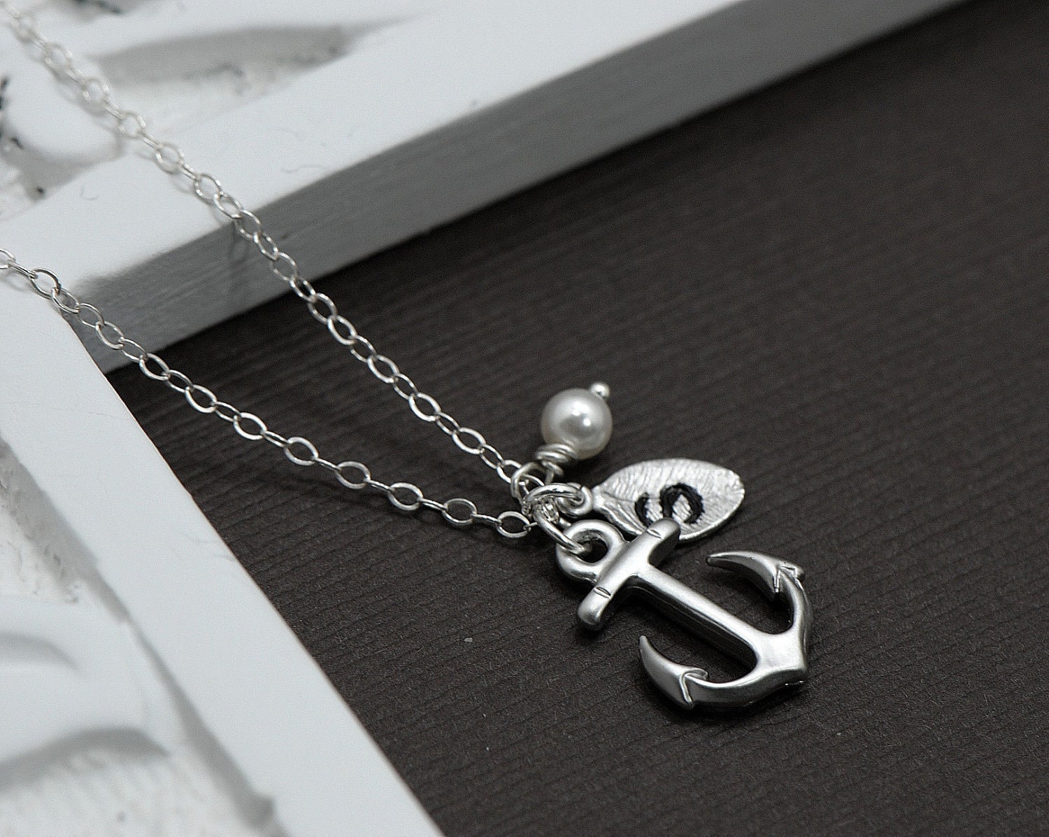 Silver Anchor Necklace Personalized Anchor with Initial Hand Stamped Leaf, Nautical Theme, Navy Necklace, Bridemaid Jewelry