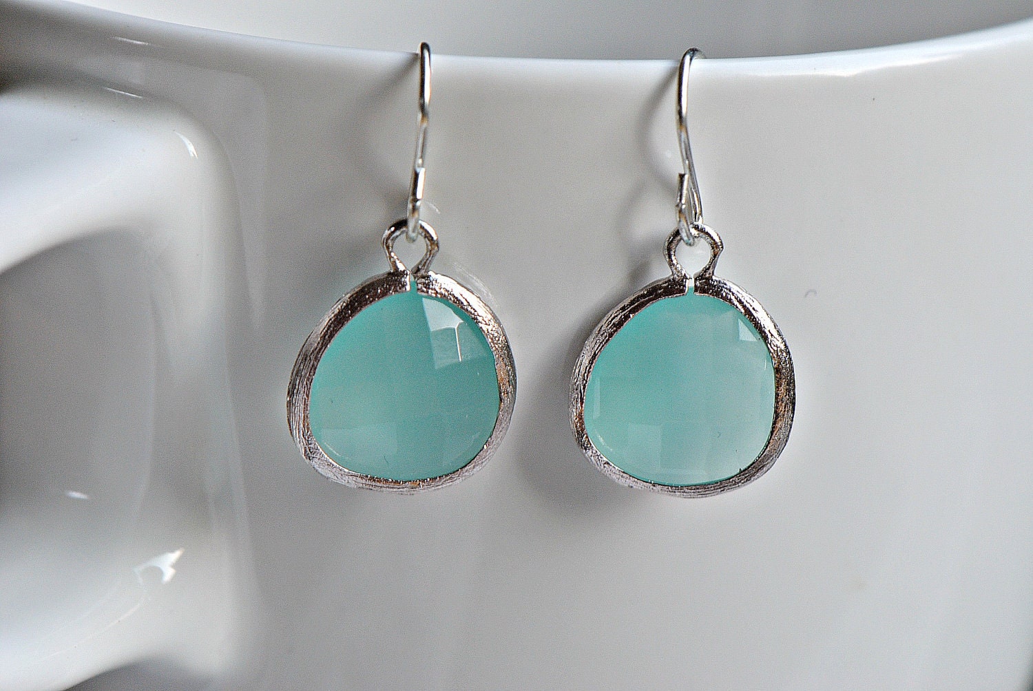 Aqua Crystal Earrings with Silver  Rimmed Edges, Beautiful Bridesmaid Gifts, Bridal Presents