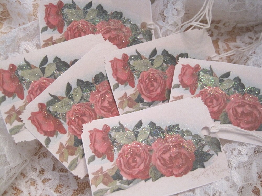 Vintage Shabby Chic Roses Gift Tags no 30 - Vintage Artist Print - Embossed - Glitter - Wedding - Shower - All Occasion - Buy 3 Get 1 Free