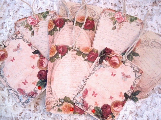 Vintage French Floral Gift Tags no 14 - Paris - French Script - Shabby - Roses - Embossed - Rhinestones - All Occasion - Buy 3 Get 1 Free