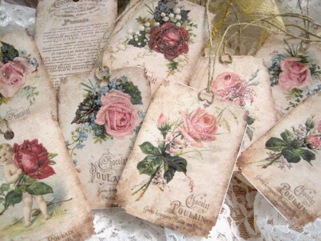 Shabby Vintage French Gift Tags No 27a - Chocolat Poulain - Roses - Cherubs - Embossed - Glitter - Buy Three Get One Free
