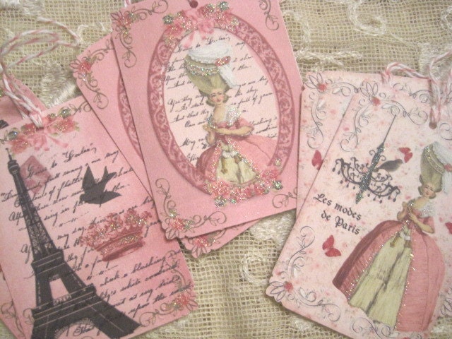 Shabby Pink MARIE ANTOINETTE Gift Tags No 42 - Paris - French Queen - Victorian - Roses - Embossed - Glitter - Buy Three Get One Free