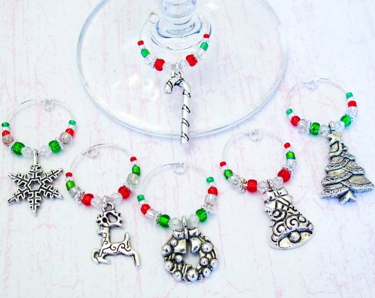 Christmas Wine Charms - Set of 6 Winter Holiday Wine Glass Charms