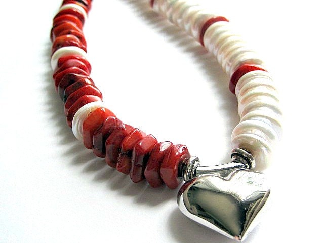 Red Coral Necklace Freshwater Pearls Sterling Silver Puffed Heart Pendant Jewelry - ThePrivateCollection