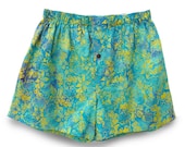 Men's Boxer Shorts M - Handmade Batik Beachy Turquoise Floral Cotton Batik, Unique