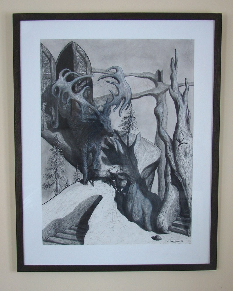Original Surreal Charcoal Elk Running Through Doors Drawing - "The Many Options Of Life"