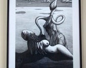 Original Surreal Charcoal Drawing - "Dream Of Giger Seducing Magritte"