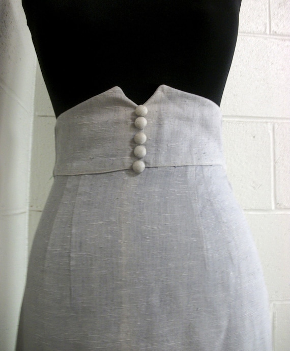 Vintage Wiggle Skirt Above Waist Grey Button Detail pencil Linen 1950s Size small.
