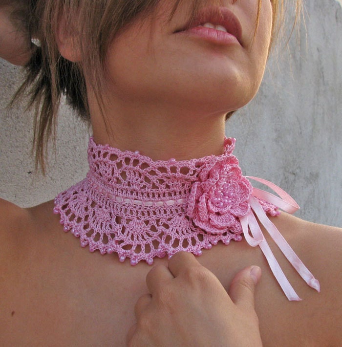 Crocheted  choker/necklace with PINK glass beads