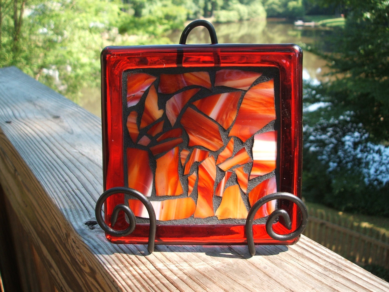Mosaic Trivet/Candleholder/Decorative Accessory w Red, Orange & White Stained Glass (black stand incl)...SALE...was 18.00, now 15.00 - WiseCrackinMosaics