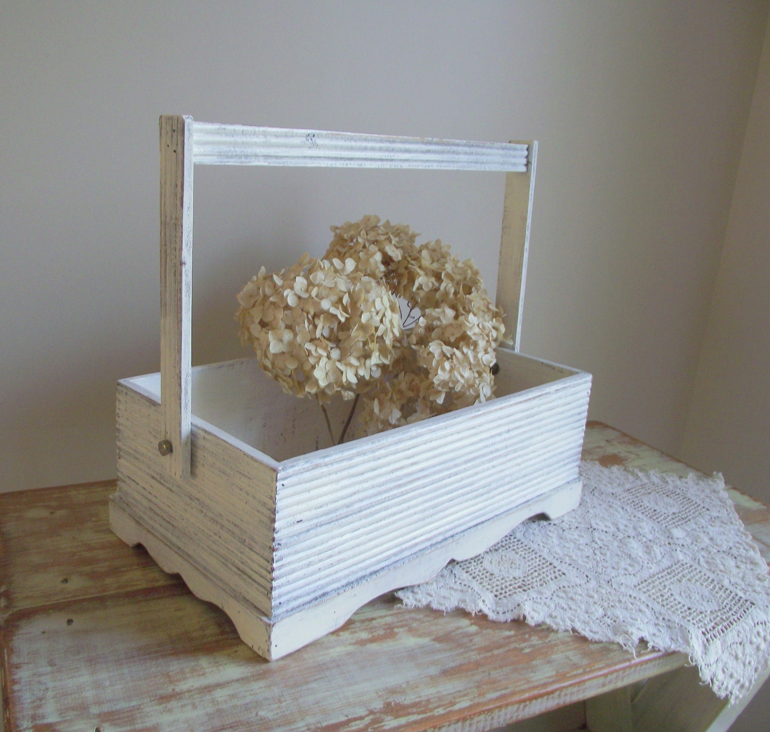 Wood Basket Box with Handle White Distressed Cottage Chic Country Decor