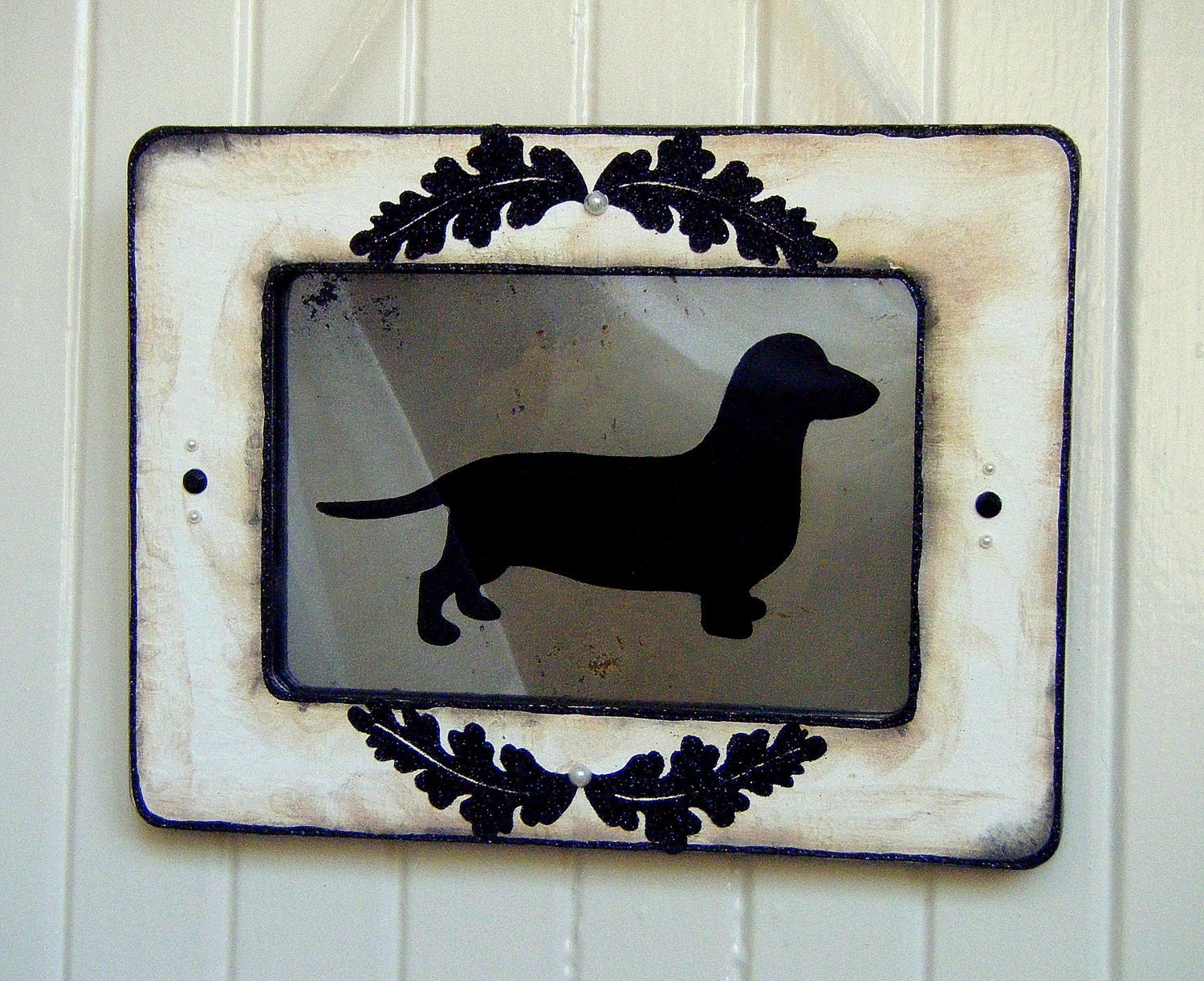 Dachshund Dog Antiqued Mirror in White Shabby Chic Frame