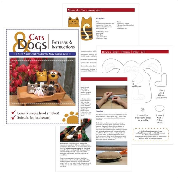 5 Hand Sewing PATTERNS - Cat Dog Kitten Puppy and Mouse - Make Your Own Pet Stuffed Animals - Easy