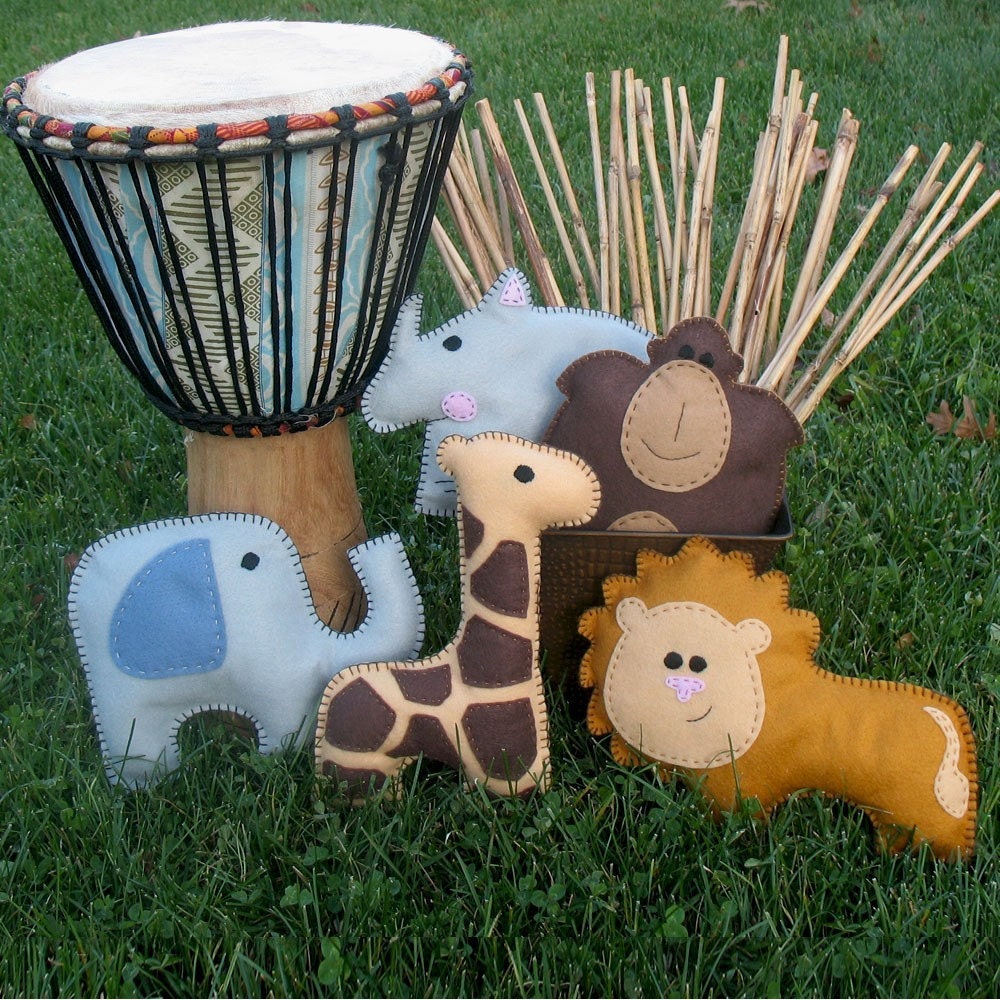 5 African Safari Animal Hand Sewing PATTERNS - DIY Hand Embroidered Plushies - Lion, Gorilla, Elephant, Giraffe, Rhino - Easy