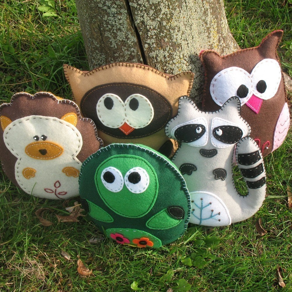 Woodland Forest Stuffed Animal PATTERNS - PICK 2 - Sew by Hand Felt Owl Turtle Hedgehog Raccoon Felt Plushies - Easy