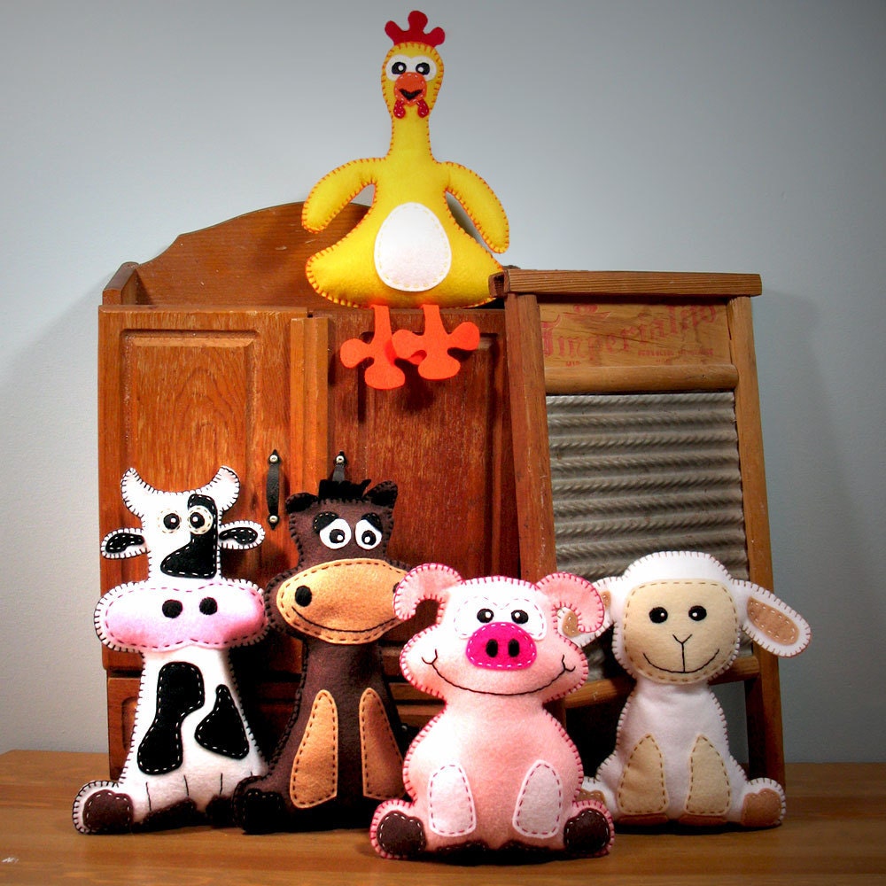 5 Farm Stuffed Animal Hand Sewing PATTERNS - Make Your Own Hand-embroidered felt Cow, Pig, Horse, Chicken, Lamb - Easy