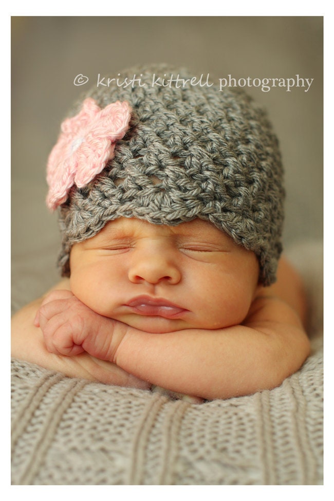Crochet Baby Girl Hat - Grey with Pink Flower Hat - Ready to Ship - 1-3 Months