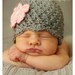 Crochet Baby Girl Hat - Grey with Pink Flower Hat - Ready to Ship - 1-3 Months