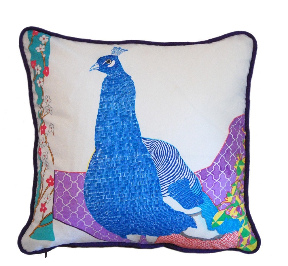 Hand Painted Organic Pillow Cover - Peacock