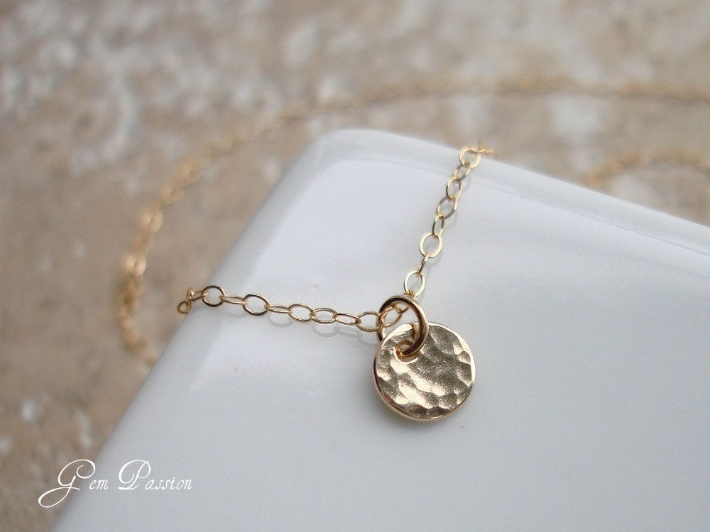 Tiny 14k Gold Filled Disc Hammered Tiny Dot Charm Pendant Necklace - Custom Handmade - Thick 20 Gauge