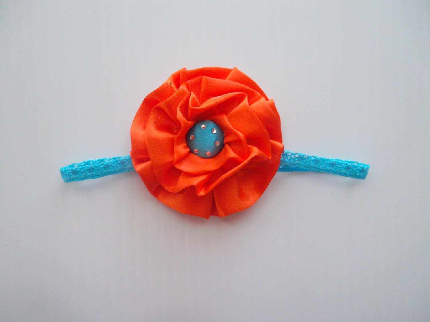 SALE-Turquoise and Orange Flower Newborn Headband