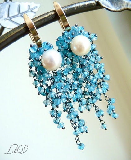 Solid Gold Long Cascading Earrings Blue Topaz Pearl Oxidized Sterling Silver
