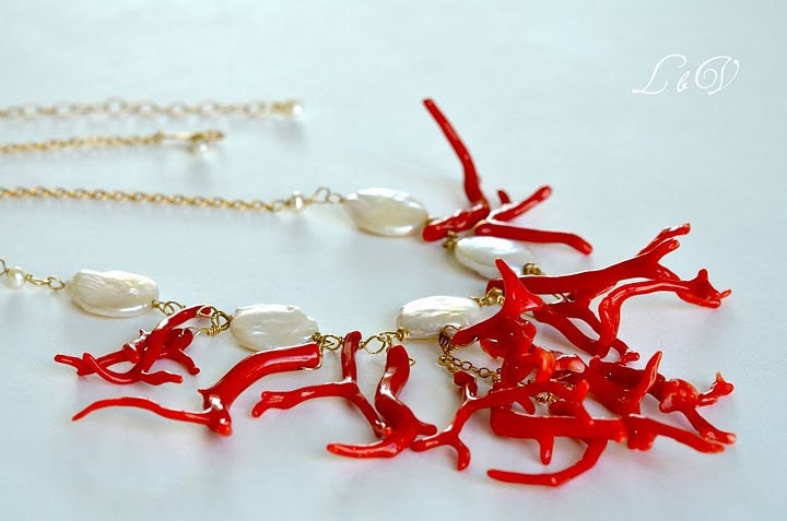 Tribal Necklace Red Coral 5 Fresh Water Coin Pearl Gold Filled