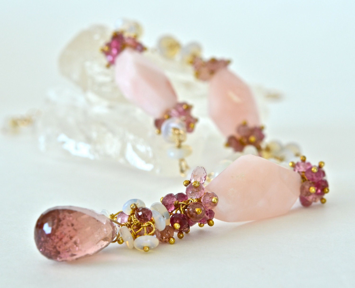 Pink Opal Tourmaline Australian Opal Gold Wire Wrapped Gemstone Necklace Luxury Women Fashion