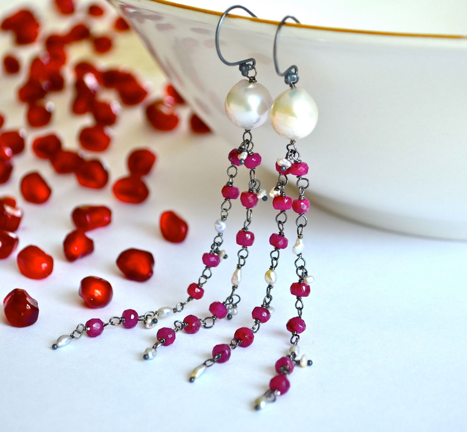 Ruby Pearl Oxidized Sterling Silver Flapper Earrings