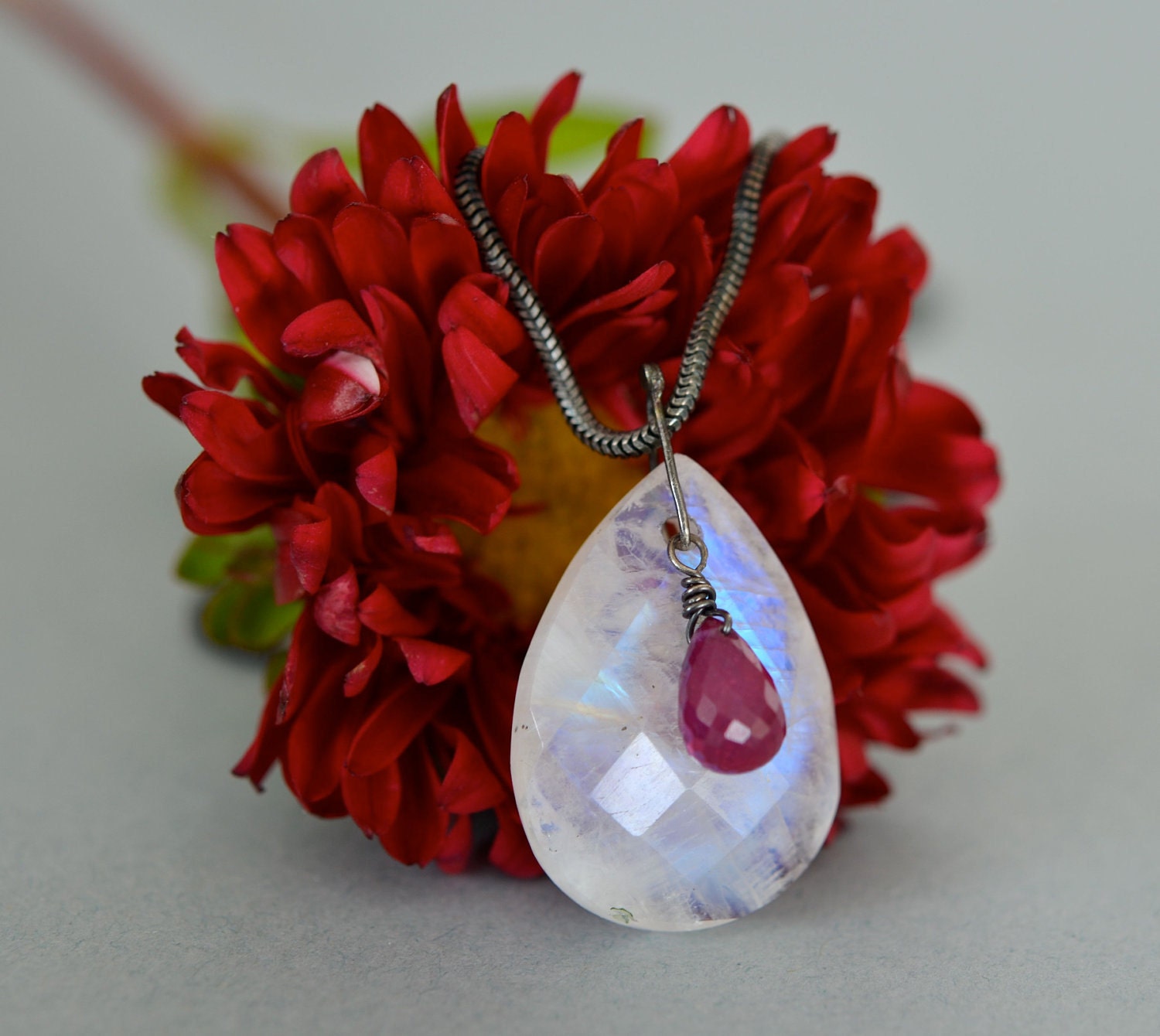 Rainbow Moonstone Ruby Oxidized Silver Modernist Necklace