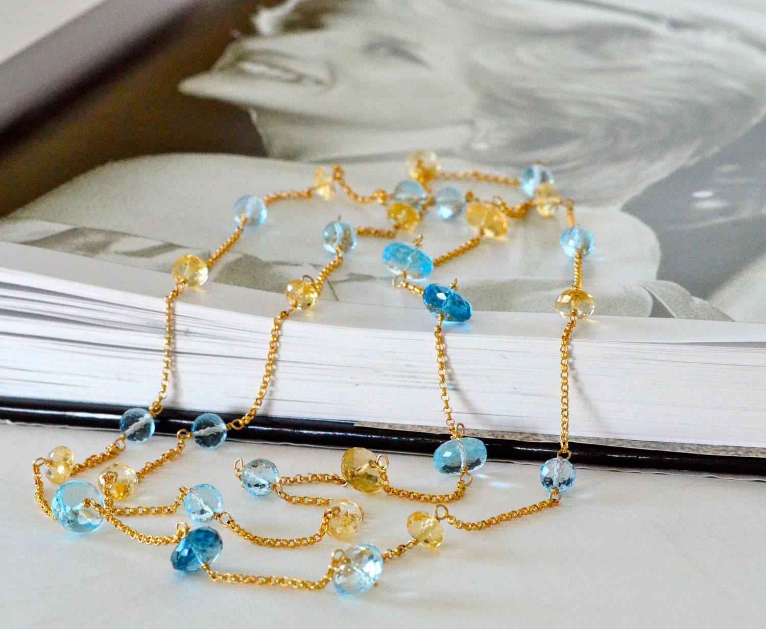 Diana Long Necklace, Sky Blue Topaz, London Blue Topaz, Golden Citrine