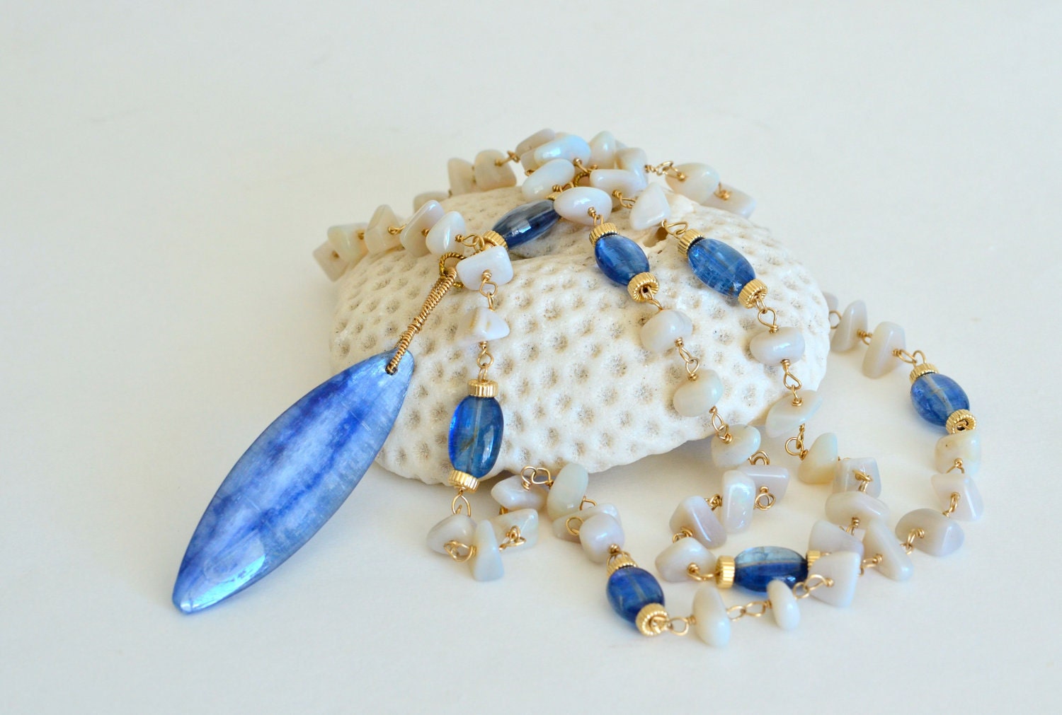 Reserved. Blue Kyanite Australian Opal Long Necklace