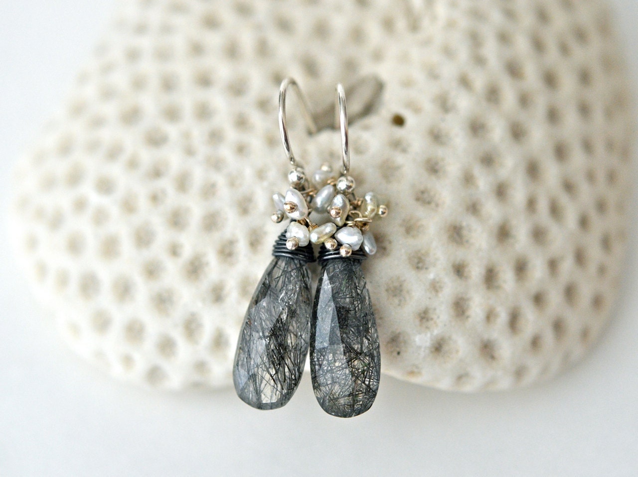 Black Rutilated Quartz Akoya Saltwater Keishi Pearls Sterling Silver Earrings