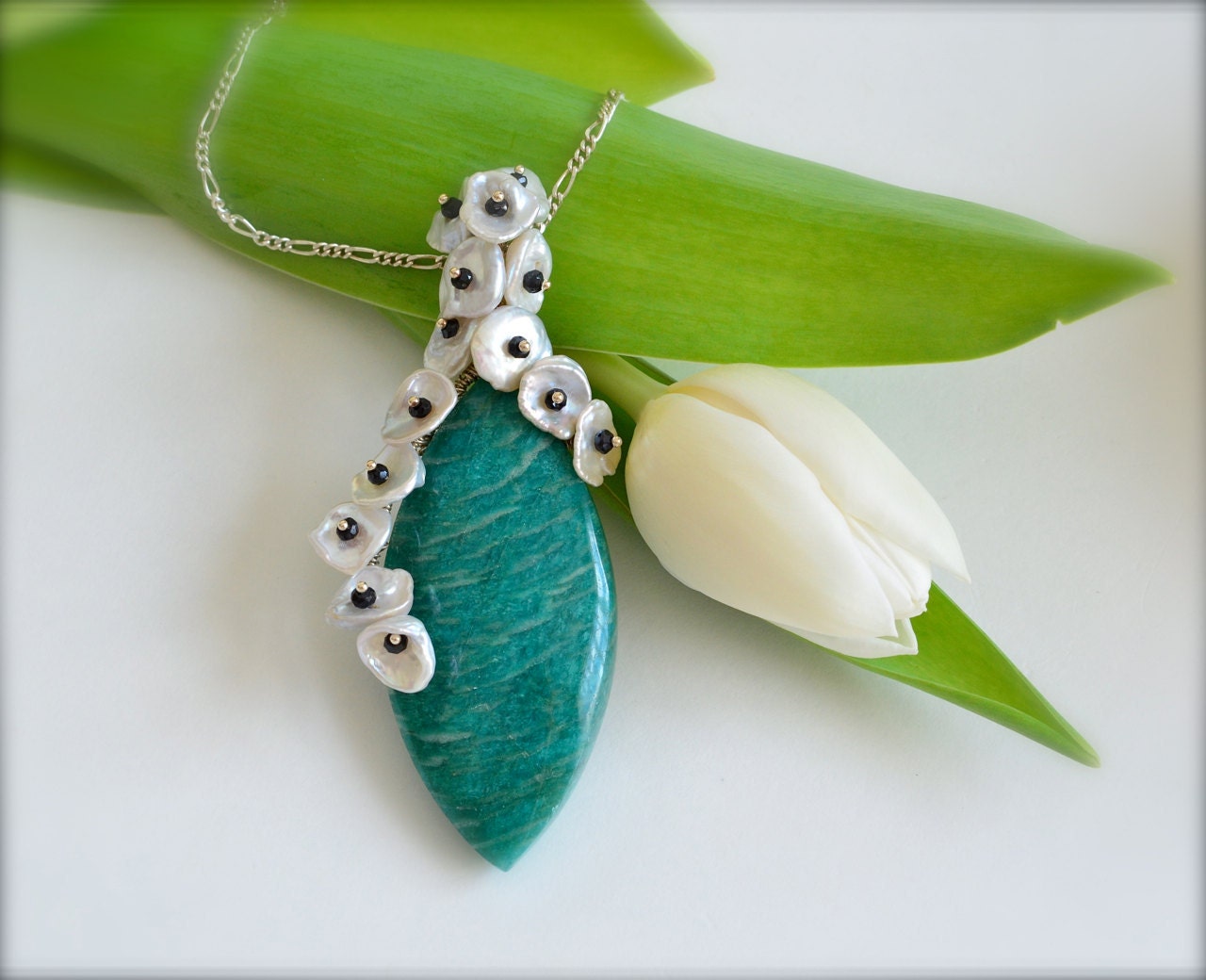 OOAK Keishi Pearl, Russian Amazonite, Black Spinel Necklace
