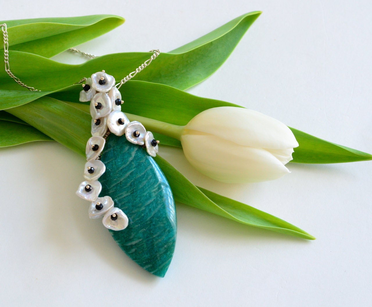 OOAK Keishi Pearl, Russian Amazonite, Black Spinel Necklace