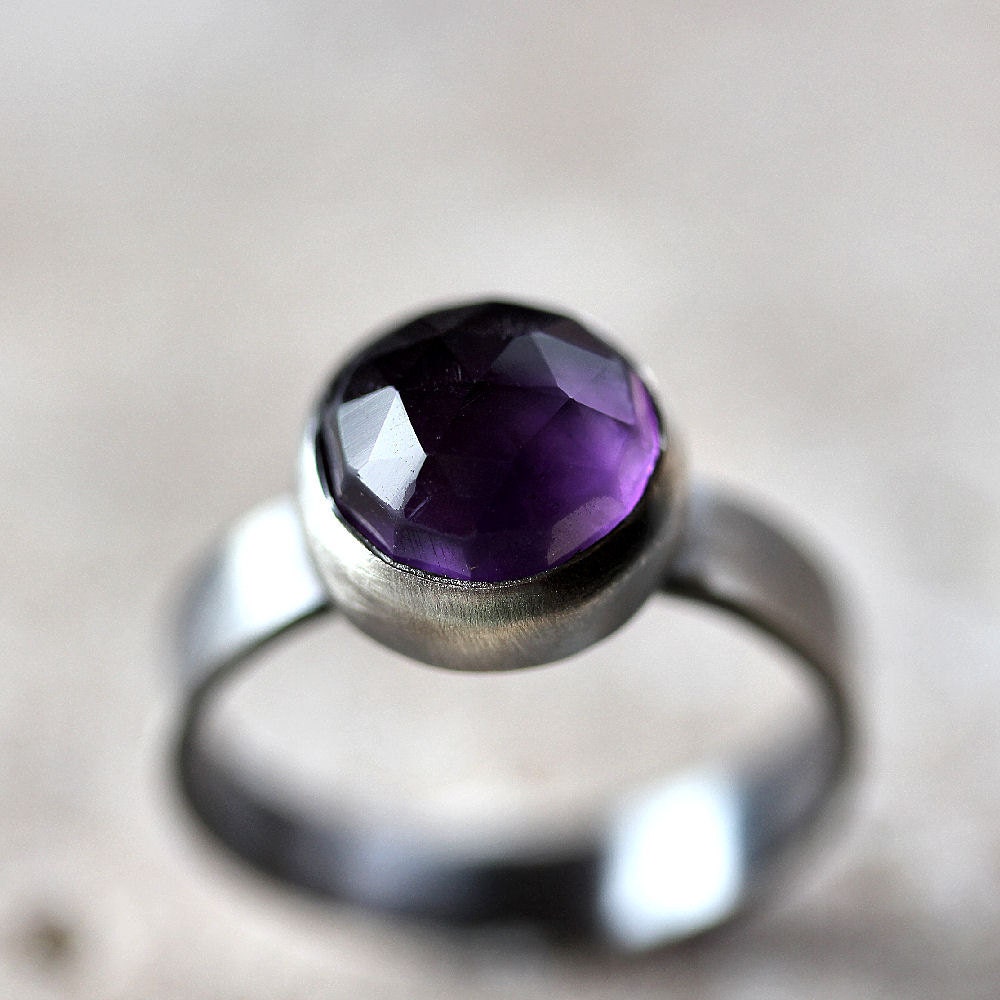 Amethyst Ring, Indigo Violet Purple Faceted Gemstone Oxidized Sterling Silver Gemstone Ring February Amethyst Jewelry - Made in Your Size