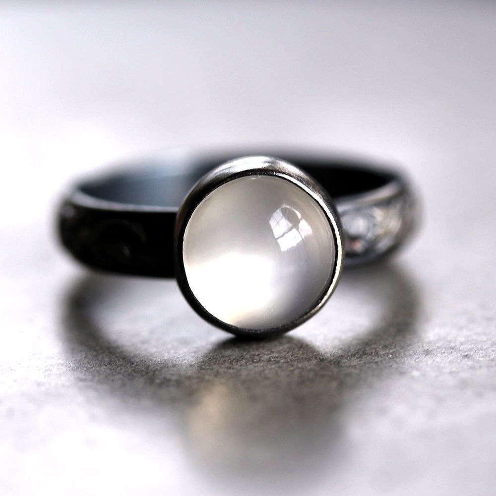 White Moonstone Ring, Snow White Gemstone Oxidized Sterling Silver Ring Metalsmithed - Made to Order - Specter - TheSlyFox